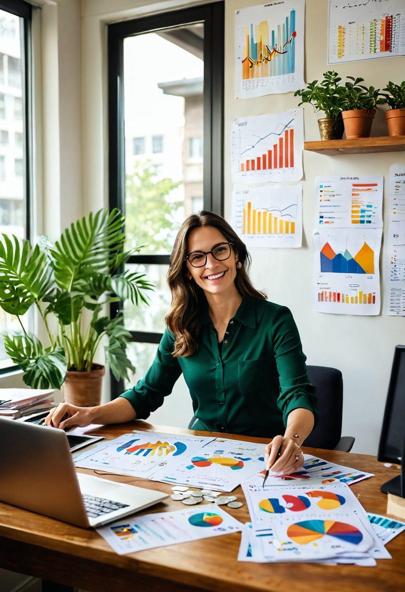 A joyful person joyfully managing their finances with colorful charts and graphs illustrating wealth growth in the background. Surround them with symbols of prosperity such as stacks of coins, dollar bills, and gold bars, all while maintaining an air of positivity. The setting should be a cozy home office filled with green plants and sunlight streaming through a window, symbolizing growth and abundance. super-realistic. vibrant colors. bright atmosphere.