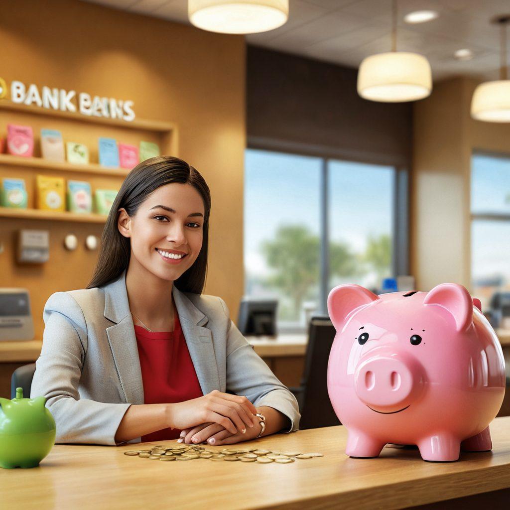 A serene and inviting bank environment with a friendly bank teller assisting a diverse group of customers, showcasing happy faces and satisfied interactions. Include elements like overflowing piggy banks, glowing coins, and a light bulb symbolizing ideas above their heads. Use warm colors to convey trust and satisfaction, blending financial symbols in the background. super-realistic. vibrant colors. 3D.