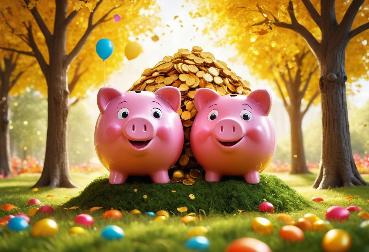 A whimsical bank filled with golden coins, smiling piggy banks, and cheerful characters engaging in joyful saving activities. Bright colors radiate happiness, with vibrant trees depicting growth around the bank. Add a sun with a friendly face shining down, symbolizing optimistic financial futures. Include playful elements like balloons and confetti, emphasizing celebration and joy in banking. super-realistic. vibrant colors.